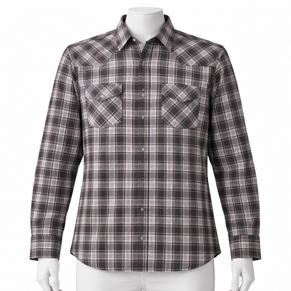 Ely Cattleman Western Shirt Mens‎ 2XL Tall Gray Plaid Pearl Snap Style Pockets